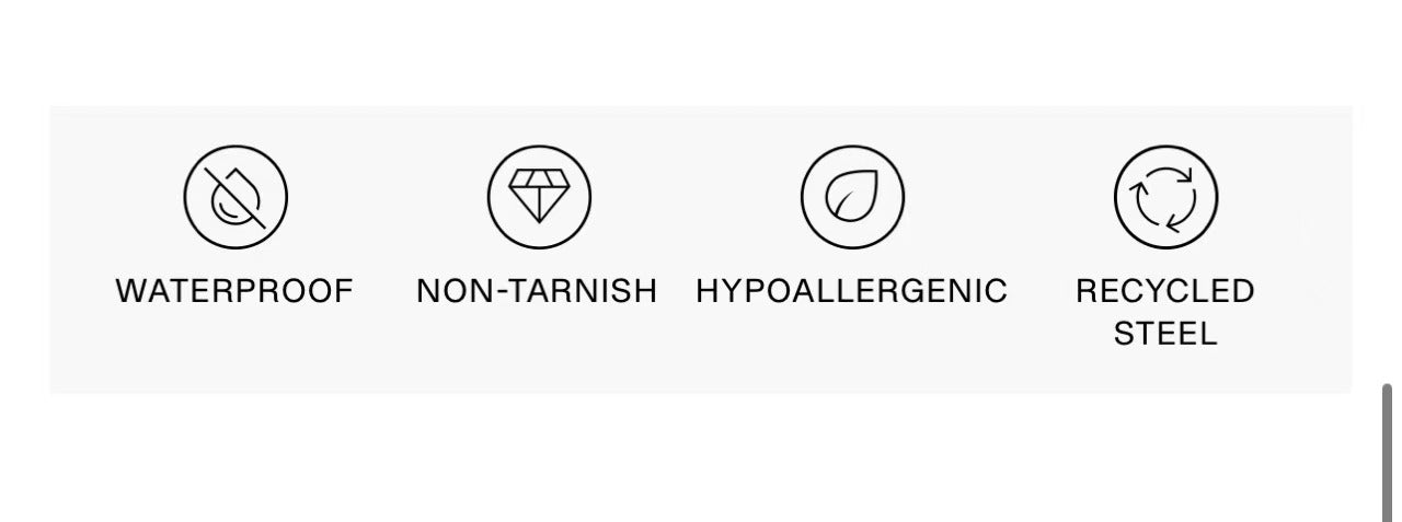 Waterproof, non-tarnish, hypoallergenic, recycled steel