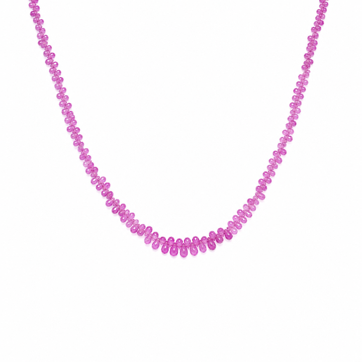 The Radiant Petal: Raw Pink Ruby Waterdrop Necklace with 18K Gold Beads